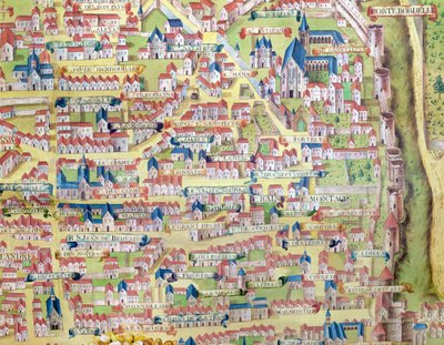 Montagne Sainte-Genevieve, detail z plánu Paříže vyrobeného kolem roku 1540, nazývaný Plan de la Gouache, kolem roku 1860 od French School