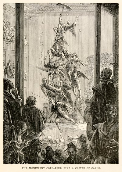 Památník se zhroutil jako hrad z karet z „Cesta kolem světa za osmdesát dní“ od Julese Verna (1828-1905) od French School