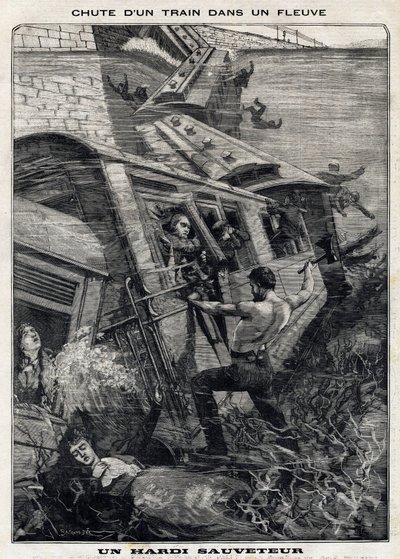 Vlak New York Buffalo spadne ve Spojených státech do řeky: muž se snaží zachránit cestující, kterým hrozí utonutí. V „“Le Peute Parisien““ dne 11.7.1897. Soukromá sbírka od French School