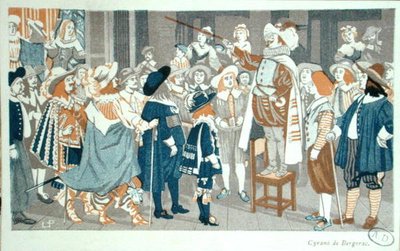 Řeč nosu v Hotel de Bourgogne, ilustrace z „Cyrano de Bergerac“ od Edmonda Rostanda (1868-1918) kolem roku 1905 (barevné lito) od French School