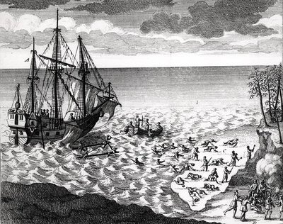 Pelikán potápějící se poblíž pobřeží, z Histoire de lAmerique septentrionale od Bacqueville de La Potherie (1663-1736), publikované v roce 1753 od French School