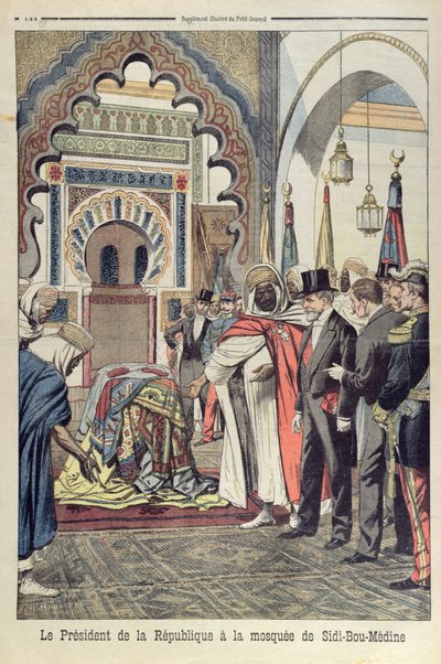 Prezident Francouzské republiky Emile Loubet (1838-1929) na návštěvě mešity Sidi Bou Medine, Tlemcen, Alžírsko, ilustrace z Le Petit Journal, 3. května 1903 od French School
