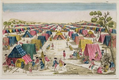 Pruský armádní tábor, čerpaný ze života na polích v Pomořansku, ryl Vale, kolem roku 1750 (ručně kolorovaná rytina) od French School