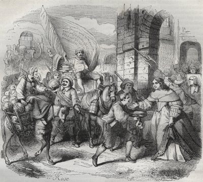 Návrat Gonesse, epizoda Frondy: „Lady of Paris“ vítá „Lady of Aubervilliers“ a „Nouricier Gonesse“, kteří ji přišli zásobit. Rytina frondeuse 1649 - rytina v „Paris a travers les siecles““ od H. Gourdona de Genouillac od French School