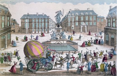 Návrat balonu Jacquese Charlese (1746-1823) a Nicholase Roberta (1761-1828) 2. prosince 1783 do dílny na náměstí Place des Victoires. od French School