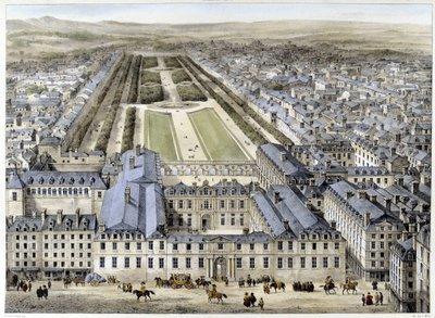 Královský palác v roce 1679, pohled z ulice St Honoré - litografie od French School
