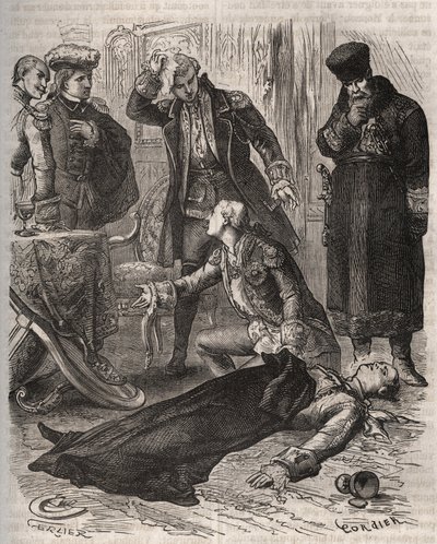 Ruský císař Petr III. (1728-1762), přidělená rezidence, byl na příkaz své manželky Kateřiny II., která ho právě svrhla a převzala moc, zavražděn Alexejem Orlovem (1737-1808) a jeho strážci dne 17. července 1762. Rytina z roku 1871 v „Histoire De od French School