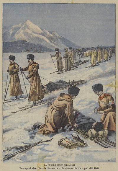 Rusko-japonská válka: přeprava raněných ruských vojáků na saních vyrobených z lyží (barva litho) od French School