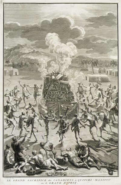 The Sacrifice to Quitchi-Manitou, neboli The Great Spirit, od Kanaďanů, ilustrace z Náboženských obřadů a zvyků, vyryl Bernard Picart (1673-1733) 1723 od French School