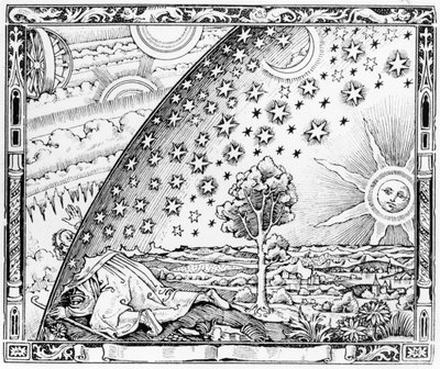 The Scientist Leaving the World, ve stylu kolem roku 1520, z LAtmosphere meteorologie populaire, vydáno v Paříži, 1888 od French School