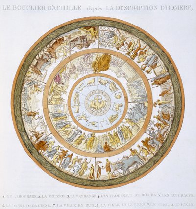 Achillův štít, podle popisu v Homérově Iliadě, 1815 (ručně kolorovaná rytina) od French School