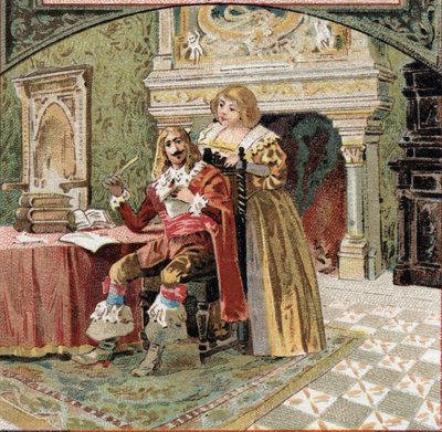 Otec Beringhen a Madame du Fargis spikli proti Richelieuovi (Armand Jean du Plessis, kardinál z Richelieu (1585-1642), ministr Ludvíka XIII., na zámku Azay-le-Rideau (Azay le Rideau) (Indre-et- Loire) Chromolitografie z konce 19 od French School