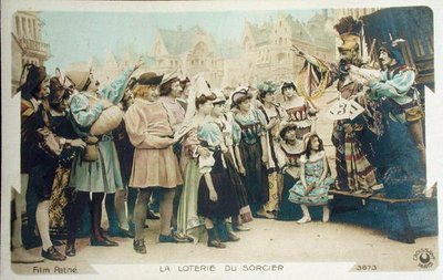 Čarodějova loterie (stále z filmu Pathe), pohlednice z počátku 20. let (barevné lito) od French School