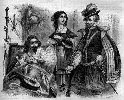 Španělský spisovatel Miguel de Cervantes Saavedra (1547-1616) doma v roce 1614 obklopuje svou manželku a hraběte z Lemos. Rytina z roku 1852. od French School