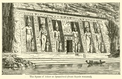 Speos of Athor v Ipsamboul, přední fasáda obnovena (rytina) od French School