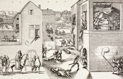 Masakr na den svatého Bartoloměje, srpen 1572, z knihy „Vojenský a náboženský život ve středověku“ od Paula Lacroixe, vydaná v Londýně kolem roku 1880 od French School