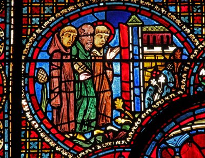 Okno svatého Lubina: přichází do kostela se dvěma mnichy (w45) od French School