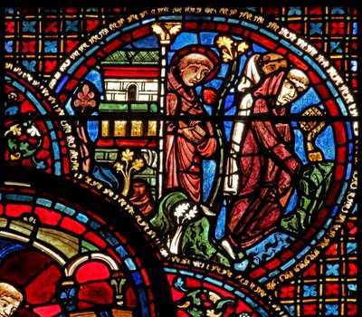 Okno svatého Lubina: Vychází z kostela se dvěma mnichy (w45) od French School