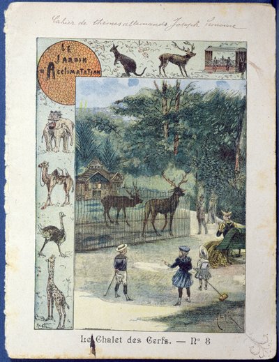 Jelení dům v Jardin dAcclimatation, Paříž, kolem roku 1900 (barevná rytina) od French School