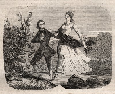 Švýcarský filozof Jean Jacques (Jean-Jacques) Rousseau (1712-1778) pomohl mademoiselle Galley překročit potok. Rytina z roku 1871 v "Histoire Des Cocus Celebres" "od Henry de Kock (1819-1892). od French School