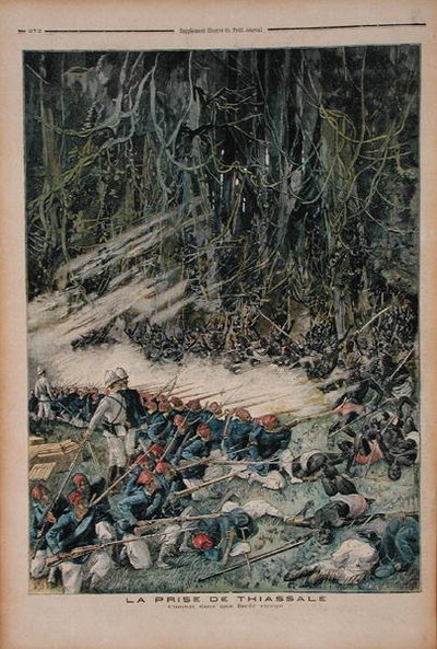 Dobytí Thiassale, bitva ve Virgin Rain Forest, ilustrace z Le Petit Journal, 26. srpna 1893 od French School