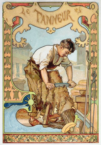 The Tanner, ilustrace z knihy o řemeslech, kolem roku 1899 (barevné lito) od French School