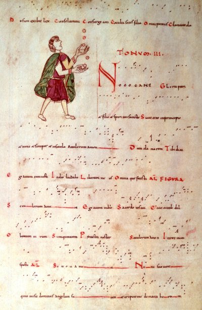 Třetí režim, z tonáru v akvitánské notaci (vellum) od French School