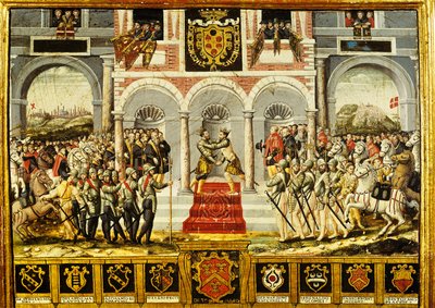 Smlouva z Cateau-Cambresis a objetí Henriho II. (1519-59) z Francie a Filipa II. (1527-98) ze Španělska, 2.-3. dubna 1559 od French School