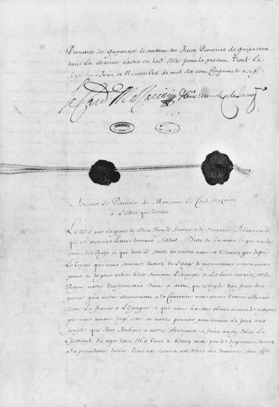 Pyrenejská smlouva, podepsaná kardinálem Julesem Mazarinem (1602-61) a Donem Luisem Mendezem de Haro (1598-1661) 7. listopadu 1659 od French School