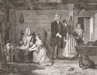 Vikář z Wakefieldu smiřující svou manželku s Olivií podle obrazu Gilberta Stuarta Newtona. Z Histoire des Peintres, École Anglaise, publikoval 1867 (litho) od French School
