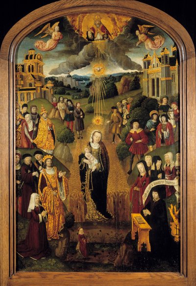 Přítomna je Panna s pšeničným králem Ludvíkem XII. (1462-1515) a papežem Alexandrem VI. (1431-1503). Všemohoucí Bůh držící zeměkouli požehnal scénu, zatímco Duch svatý chránil Pannu a Dítě. Malba na dřevě francouzské školy 16. stol od French School