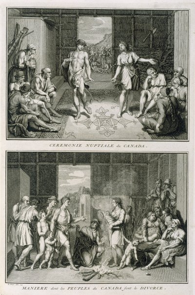 Svatební obřad a způsob rozvodu v Kanadě, ilustrace z Náboženských obřadů a zvyků, vyryl Bernard Picart (1673-1733) 1723 od French School
