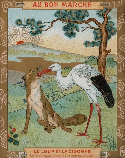 Vlk a jeřáb, jedna z Ezopových bajek (chromolitho) od French School