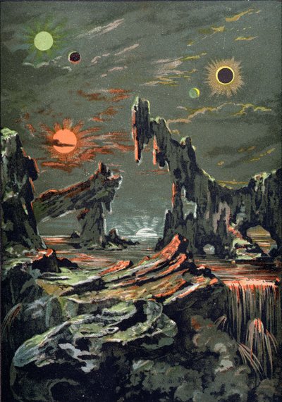Svět čtyř měsíců a čtyř sluncí, ilustrace z Astronomie Populaire napsal Camille Flammarion (1842-1925) 1881 od French School