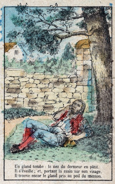 Žalud a dýně. Bajky Jean de La Fontaine (1621-95). Vyobrazení Epinalu z konce 19. století. od French School