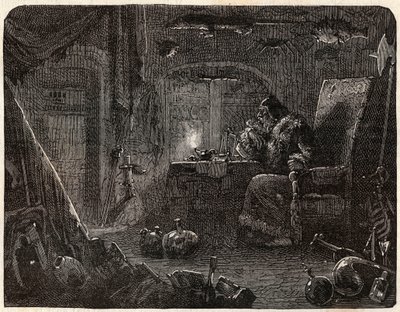 Alchymista, který slíbil, že bude vyrábět zlato, pracuje ve své laboratoři: Alchymista v 17. století – v „Paris a travers les cules““ od Nicolase Julese Henriho Gourdona de Kennouillac (1826-1898) od French School