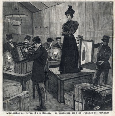 Aplikace rentgenových paprsků (rentgenů) má zvyklosti: ověřování balíků a zkoumání podvodníků. V „“Le Peute Parisien““ dne 11.07.1897. Soukromá sbírka od French School