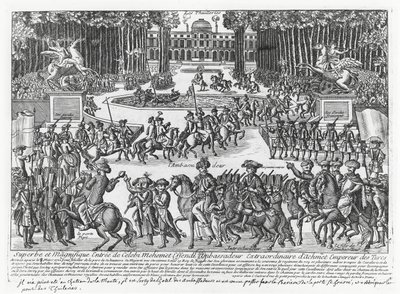 Příjezd Mehmeda Celebiho Efendiho, velvyslance tureckého sultána Ahmeda III., do Tuileries, kde ho v roce 1721 přijal Ludvík XV (rytina) od French School