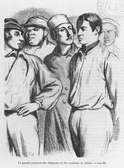 Arogantní skupina najatých aplaudátorů a prodejců vstupenek, ilustrace z „Les Illusions perdues“ od Honore de Balzaca od French School