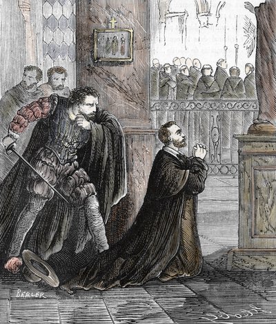 Atentát na inkvizitor Pedro de Arbues (1441-1485) dne 17/09/1485 v Catmedrale of Zaragoza ve Španělsku (úředník španělské inkvizice Pedro de Arbues zavražděný v katedrále La Seo v Zaragoza v roce 1485 v roce 1485 v roce 1485 v roce 1485 v roce 1485 v roce  od French School