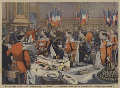 Kapela Francouzské republikánské gardy na banketu pořádaném skupinou Coldstream Guards v Londýně (barevné lito) od French School