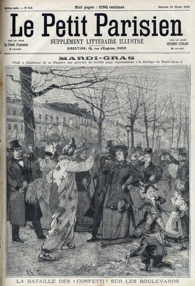 Bitva o konfety na pařížském bulváru během Mardi Gras (Mardi-Gras). Rytina v "Le petit Parisien"" od French School