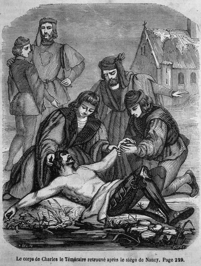 Tělo Karla Smělého (1433 - 1477) nalezené po obléhání Nancy - v „Histoire de France“ od L.-P. Anquetil od French School