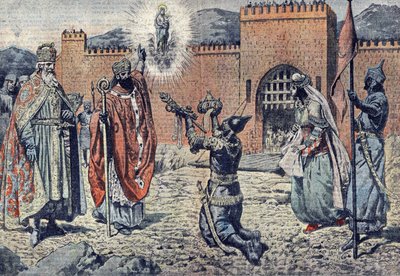 Pohanský kníže Mirat dit Lorus, obléhaný Karlem Velikým v roce 778 na jeho hradě v Lurdech. od French School