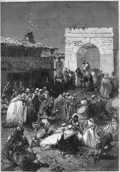 Caids a djemma kruhu Saida v Alžírsku přinášejí arabské kanceláři své dary určené k vykoupení francouzských departementů okupovaných Německem od konce války roku 1870. Rytina v „“ Le Monde Illustré““ č. 784 z 20 dubna 1872. od French School