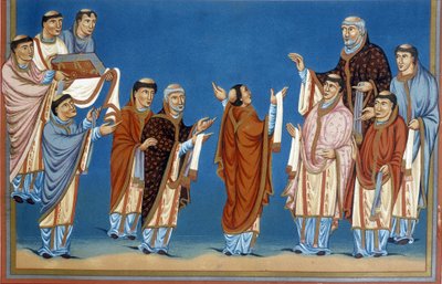 Kanovníky svatého Martina (Svatého Martina) z Tours nabízející králi Karlu II. zvanému Plešatý (823–877), bibli napsanou v jejich opatství. od French School
