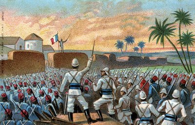 Dobytí Abomey, bývalého hlavního města Behanzinu (dnes Benin) francouzskými expedičními silami pověřenými generálem Alfredem Amedee Doddsem (17. listopadu od French School