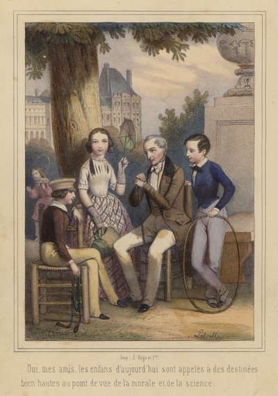 Dnešní děti, předurčené k velkým činům v oblasti morálky a vědy (barevná litografie) od French School