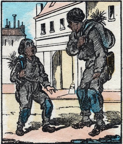 Kominík. Rytina „“La chanson des metier““. Epinal imaging, konec 19. století. Soukromá sbírka od French School