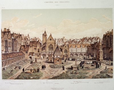 Kostel a hřbitov neviňátek v roce 1550 - v „Paris a travers les ages“, konec 19. století. od French School
